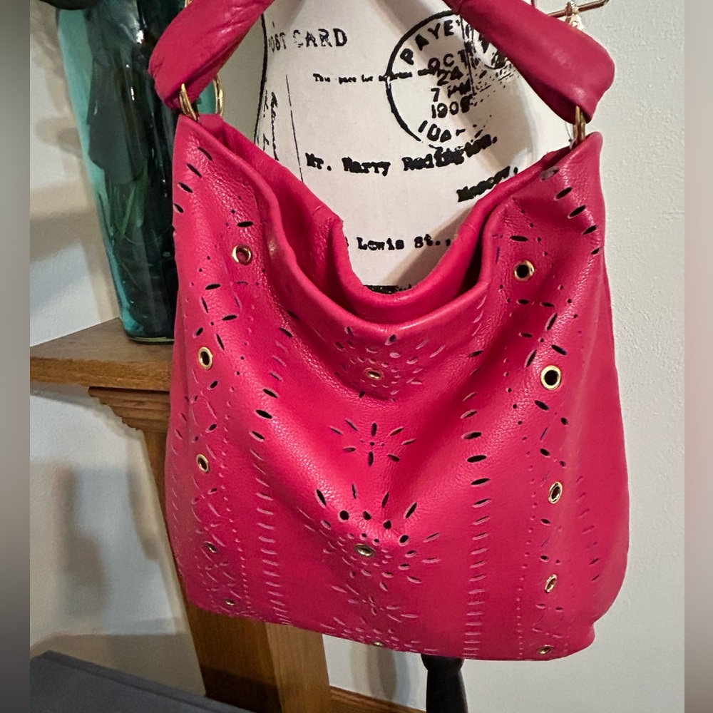 EUC Furla Laser Cut Leather Fuchsia Hobo Bag with unbranded guitar strap - Picture 2 of 8